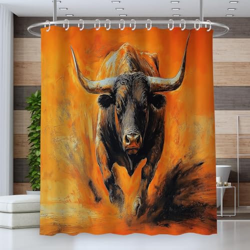 Ölgemälde Stier Duschvorhang – Wildtier-Design, Wasserabweisender Antischimmel Polyester-Duschvorhang Für Das Badezimmer, Maschinenwaschbar Und Langlebig, 150Wx180L