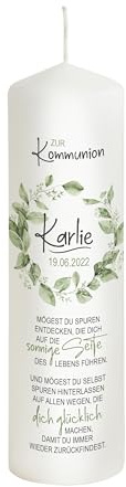 Scheinvoll® Kommunionkerze Modern Blätterkranz personalisiert mit Namen, Datum und Spruch - Modell Green Cricle Karlie - Andenken und Deko zur Kommunion (25 x 8 cm)