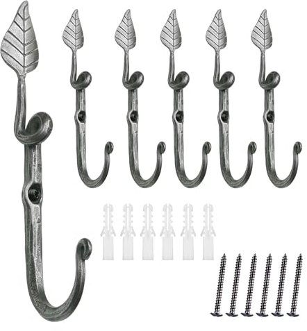 Worth Garden 6-Pack 7.5 x 2 Hanger Hooks - Hand-Forged Wrought Iron Heavy Duty Wall Hooks - Aged Silver Leaf-Shaped Hanging for Plants, Bird Feeders, Lights, Indoor & Outdoor Use