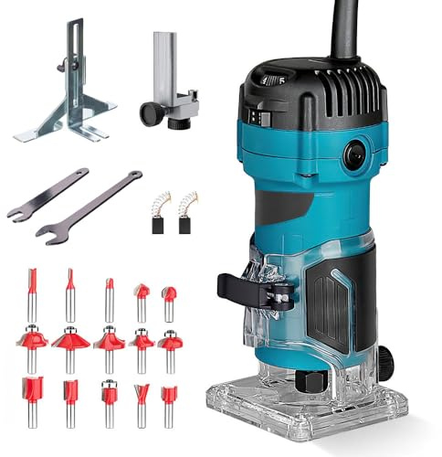 Bois Défonceuse Affleureuse Électrique 800W,M-akit~a Trimmer Routeur à Bois Électrique 34000 RPM,Pince 6.35mm+15pcs 1/4 Pinces Bits Affleureuse à Bois Électrique Verticale Pour Travail du Bois