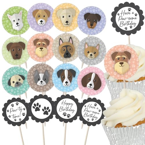 Cute Dogs Birthday Cupcake Toppers Set - 24pc - Cute Dog Faces & Paw-some Birthday Signs | Cupcake & Cake Decorations