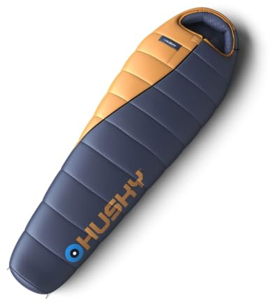 Husky Enjoy Schlafsack 4 Jahreszeiten bis -25°C, Warmer Winter Mumienschlafsack für Erwachsene, Winterschlafsack für Camping, Trekking und Outdoor (Blau/Orange, 220x85)