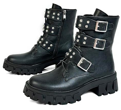 MEOTINA Platform Combat Boots Goth Boot Womens Motorcycle Riding Ankle Booties Lace Up Chunky Rave Gothic Shoes