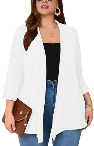 AusLook Women's Plus Size 3/4 Sleeve Open Front Cardigan Kimono Shrug Coat | Cardigans for woman, 3/4 Sleeve Lightweight Kimono Shrug, Open Front Flowy Coat, Soft Casual Draped Shawls Daily Outfits