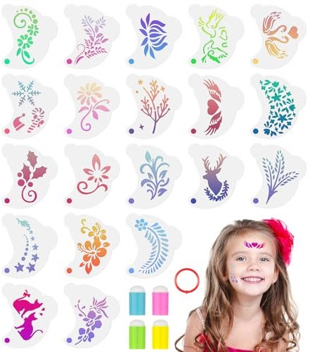 URAQT Tattoo Schablonen Kinder, 20PCS Temporäre Tattoo Schablonen, Wiederverwendbare Kinderschminken Schablonen für Urlaubparty Halloween Maskerade (Canthus-Typ)