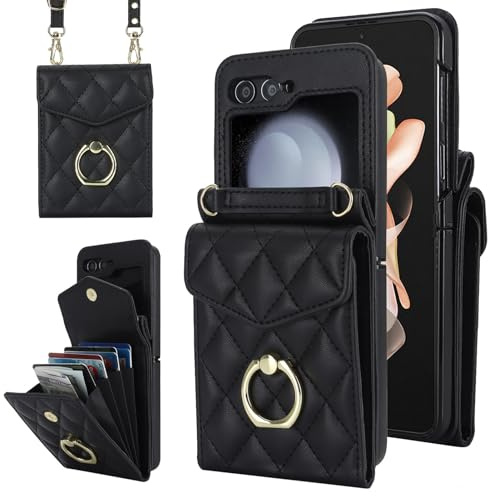 SINQERISHT Handykette Handyhülle für Samsung Galaxy Z Flip 7 5G Wallet Hülle PU Leder Case mit Kartenfach& 360° Ring Ständer Klapphülle Magnetverschluss Cover(Schwarz)