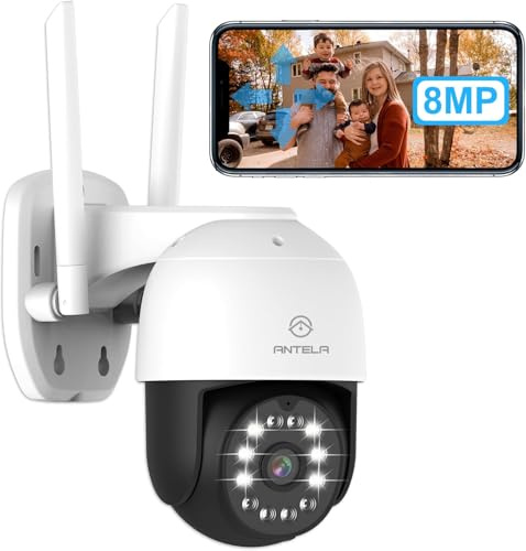 ANTELA 8MP Telecamera WiFi Esterno, Visione notturna a colori/IR/Smart da 50m con proiettore, Rilevamento del movimento, 360°PTZ con registrazione 24/7, IP65, 2.4GHz
