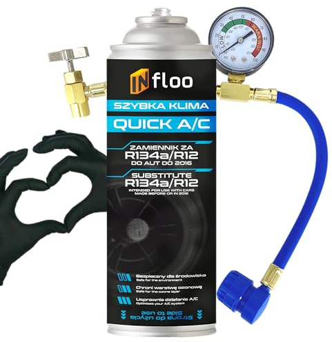 INfloo Quick A/C R134a – Gaz Réfrigérant + Tuyau avec Manomètre + Gants | Recharge Climatisation Auto | 185g | Pour véhicules jusqu’à 2016