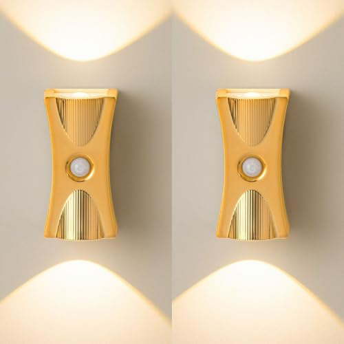 TZSMUM LED Wandlampe mit Bewegungsmelder Wandleuchte USB Aufladbare Wandbeleuchtung Indoor Dimmbar Wandleuchten mit 3 Modi (AUTO/AUS/EIN) für Treppe Wohnzimmer Schlafzimmer (Gold,2 Stück)
