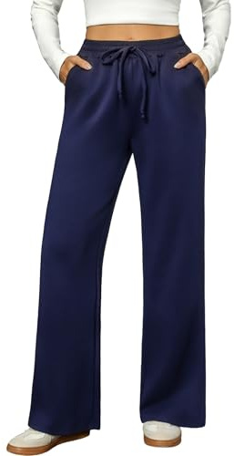 Totatuit Pantalón Ancho Mujer Cintura Elástica Alta con Cordón Pantalón Recto de Invierno con Bolsillos Cómodo Casual Azul Marino，L