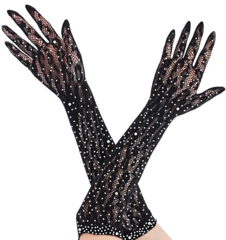 DOKRIN Guantes y manoplas para mujer,Guantes largos de diamantes de imitación, malla de encaje, guantes finos de cinco dedos con estampado de leopardo