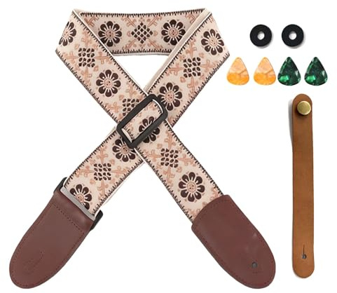 LifgWas Sangle de Guitare Vintage avec Embouts Épaissis - Sangle Confortable pour Guitares Acoustiques, Électriques et Basses - Inclut des Boutons, un Médiator et un Verrou de Sangle