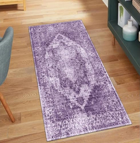 QQrunner Tappeto vintage per corridoio, antiscivolo, lavabile, 100 x 700 cm, tappeto da cucina lungo al metro, colore lilla