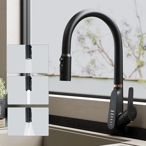 doporro Wasserhahn Küche Schwarz, Küchenarmatur mit LED Temperaturanzeige | Hochdruck ausziehbare Mischbatterie, Spültischarmatur mit Vollmessing-Körper, 360 Grad schwenkbar, 3 Strahlarten MS-8085