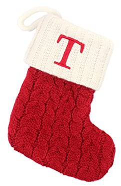 Calcetines navideños grandes con iniciales, letra bordada, de punto, rojo, blanco, calcetín navideño para decoraciones de vacaciones familiares, árbol de Navidad y chimenea (T, talla única)
