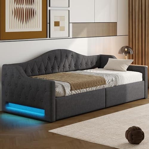 Kebnor Gepolstertes Tagesbett mit LED-Gürtel und Stauraum darunter (Grau, 90x200cm)