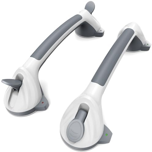 Asluco 2 Pack 16.5 Suction Grab Bars for Showers with Safety Indicator, No-Drill 4mm Thickened Handicap Shower Handle for Seniors, Non-Slip Bathroom Balance Rail for Smooth Tiles & Tubs