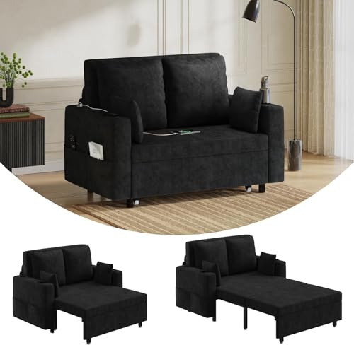 Garvee Sofá Cama 3 En 1 Multifuncional De 56'', Convertible con 4 Almohadas, Carga USB, Portavasos y Bolsillos Laterales - Ideal para Sala De Estar y Dormitorio - Color Gris | Carga USB, Portavasos y Bolsillos Laterales - Ideal Para Sala De Estar y Dormitorio - Color Gris