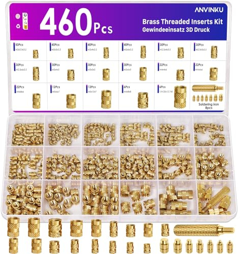 ANVINKU Gewindeeinsatz 3D Druck 460 Stück, Messing Einschmelzgewinde | M2 M2.5 M3 M4 M5 M6 Einschmelzmuttern, Gerändelt Innengewinde Einschmelzmuttern, Gewindeeinsätze für 3D Drucker Zubehör