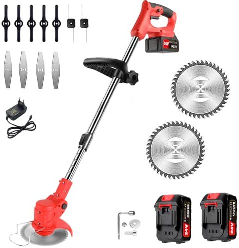 Desbrozadora a Bateria,OGORI Cortacésped a batería con 2 baterías de 2000 mAh,21V 850W Desbrozadora Electrica con 4 Tipos de Cuchillas y Ruedas Laterales para Cortar el césped del jardín