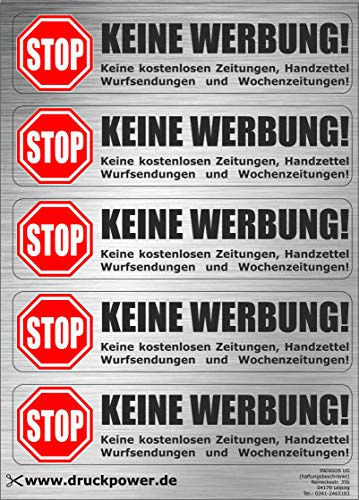 INDIGOS UG - Edelstahl-Optik - 25 Briefkastenaufkleber im hochwertigen Edelstahllook - Keine Werbung Aufkleber - einzeln ablösbar - für den Briefkasten - 73x17 mm pro Sticker - 5 Bogen mit 5 Stickern