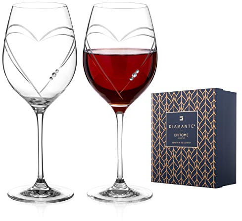 DIAMANTE Hearts Wine Glasses Pair – ‘Hearts’ Collection Crystal Wine Goblets Set of 2 - with Display Box