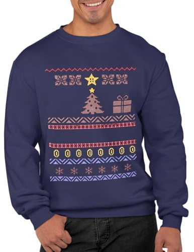 Graphic Impact Inspired Retro Gaming Freak Christmas Jumper Ugly Xmas Sweatshirts (Medium, Navy)