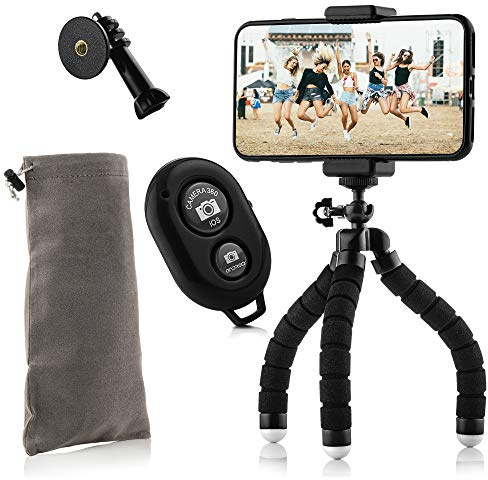MOJOGEAR Flexibles Mini-Stativ-KIT: mit Telefonhalter, Bluetooth-Fernbedienung, Action-Cam-Adapter und Aufbewahrungstasche – bis zu 18 cm Höhe – Schwarz