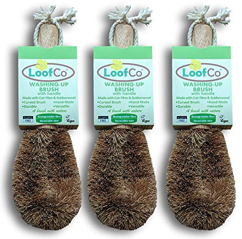 LoofCo Washing-Up Brush with Handle Set of 3 Spülbürste mit Griff, 3er-Set, Kokosfaser und Gummibaumholz, Single x 3