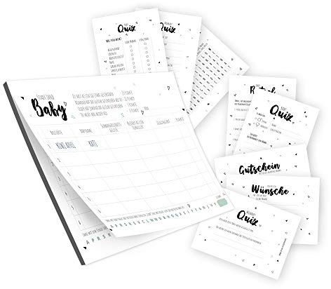 bigdaygraphix Babyparty Spiele-Set | 4 Verschiedene Spiele im Set + 20 Mama Gutscheine | bis zu 20 Personen | Baby & Mama Quiz + Rätselspiel + Stadt Land Fluss Spiel