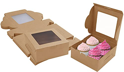 BELLE VOUS 50 Pack Brown Paper Kraft Bakery Pastry Boxes with Windows - 15.2 x 15.5 x 6.3cm/6 x 6.1 x 2.5 inches- Disposable Packaging Boxes - Cookies, Cupcakes, Desserts & Pies