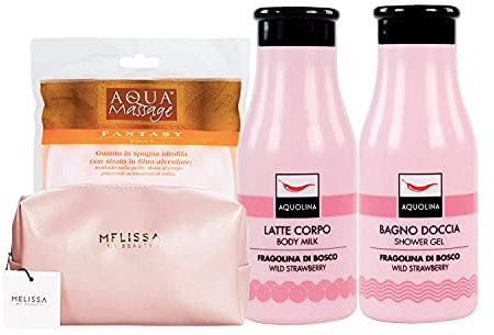 SET A-QUOLINA FRAGOLINA DI BOSCO: BAGNO SCHIUMA 250ML+LATTE CORPO 250ML+ POCHETTE MELISSA+SPUGNA