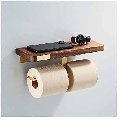 MYSUNBAR Toilettenpapierhalter Ohne Bohren mit Doppelt Ablage, Holz und Gold, Klorollenhalter mit Handyhalter, Klopapierhalter WC Rollenhalter Papier Halterung Wandmontage