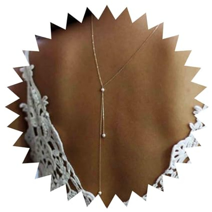Aneneiceera Boho Perle Rückenkette Gold Halskette Retro Körperkette für Sommer Braut Tropfenkette Lasso Goldkette Strand Körperschmuck für Frauen Mädchen