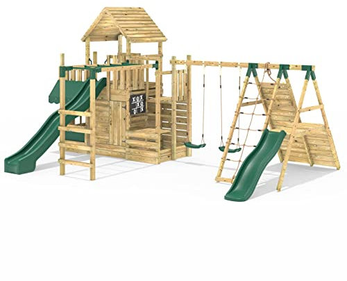 Rebo® Modular Wooden Climbing Frame Playset - M27 Double Swing, Monkey Bars and Den | OutdoorToys | Kids' Outdoor Wooden Garden Play Equipment, Children's Jungle Gym