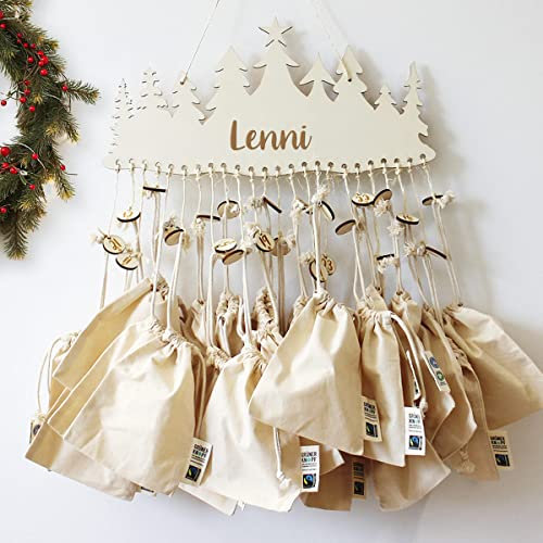 Personalisierter Adventskalender Tannenwald zum Befüllen | 24 Baummwollsäckchen und Zahlen | Adventskalender Kinder