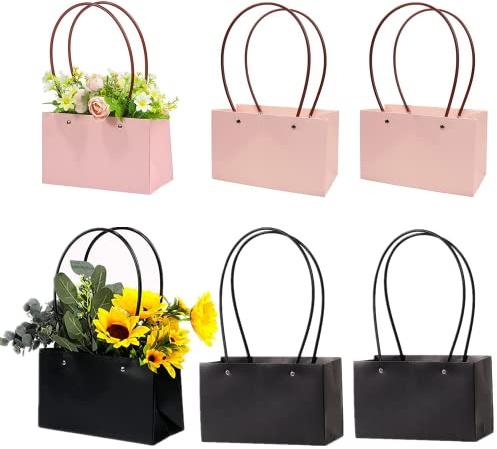 6 Stück Kraftpapier-Geschenktüten mit Griff, wasserdichte Blumenstraußbox, rechteckige BlumentragetaschenTragetaschen für Geburtstag Valentinstag, Muttertag Party Blumen Tragetaschen (schwarz, rosa)