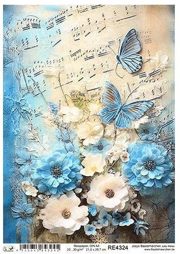 Josys Bastelmärchen Reispapier A4 Strohseide Vintage Scrapbooking Blumen Schmetterlinge Noten RE4324