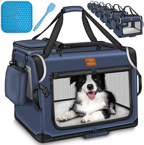 TRESKO® Hundebox faltbar inkl. Leckmatte, Spatel & Reflektoren M 61x42x42cm | Transportbox für Hunde und Katzen | Hundetransportbox Auto für kleine & große Hunde | Hundetasche robust Navyblau