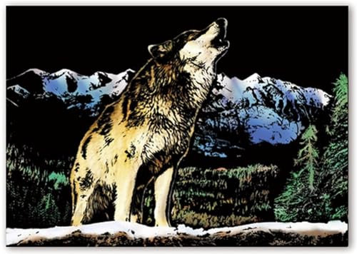 Magisches Rubbeltuch Heulender Wolf 40x28 cm - Kratzbild für Kinder und Erwachsene, magische Bastelkratzer, Entspannung und gemeinsame Momente für die ganze Familie, kreatives Ableben