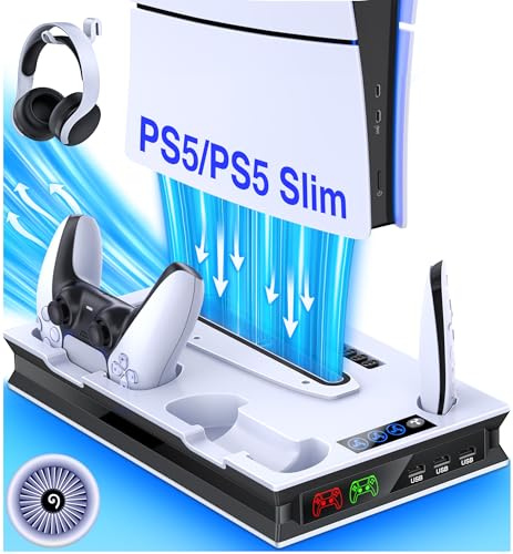 ALEEMTRY PS5 Zubehör Ständer für PS5 Slim, PS5 Standfuß mit PS5 Controller Ladestation/3-Stufig Küfter/3 Extra USB Ports, PS5 Ständer für PS5 Slim Disc & Digital Edition-Faceplates