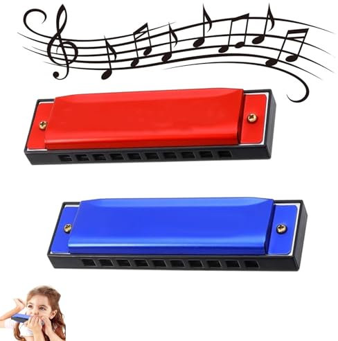 2 PCS Harmonica, 10 Holes 20 Tones Blues Harmonica Mouth Organ Key of C Diatonic Harmonica Perfect Music Gift Beginners and Performers mouth organ for children(Red&Blue)