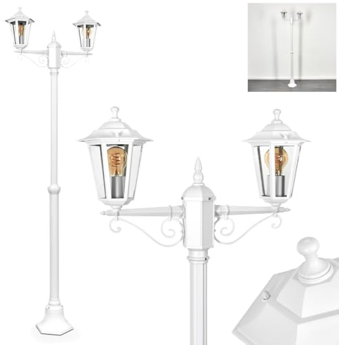 HOFSTEIN Kandelaber Loria, Außenwegeleuchte aus Metall/Glas in Weiß/Klar, Wegeleuchte im Landhaus/Antik/Retro/Vintage-Design für Garten, Außenbereich, Terrasse, Hof, Höhe max. 200 cm, 2 x E27, IP44