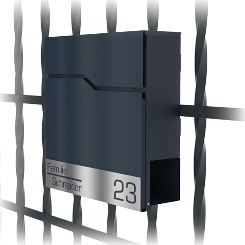 Graviers Design Briefkasten in Anthrazit RAL 7016 mit Zaunhalterung - Postkasten personalisiert Edelstahl Namen Schild Hausnummer Laserschnitt Gravur - mit Schloss Zeitungsfach