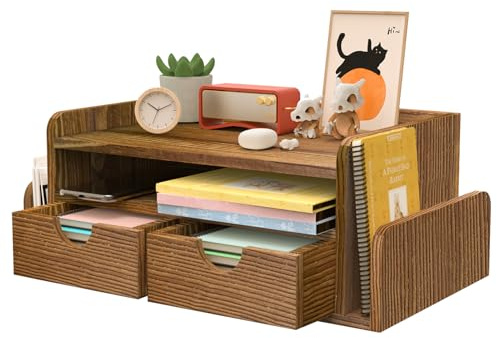 HZE Rustikal 3-Tier Büro Desk Organizer mit 2 Schubladen und 2 Seitlichen Postsortierfächern für Ordner, Post, Papier aus Massivholz in Braun