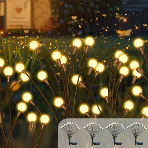 Caldarax 4 Pack Solar Firefly Lights Outdoor Garden Waterproof, 10 LED Swaying Solar Garden Firefly Lights, Dancing Fireflies Light Decorative Outdoor for Path Fence Yard Patio Pathway (Warm White)
