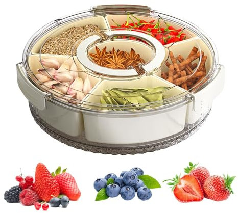 Snack Serving Tray with Lid - 6 Compartment Round Appetizer Tray | Divided Pla-stic Food Storage Organizer Plate for Snack | Transparent Divided Candy Tray | Compartment Box Clear Organizer for Candy