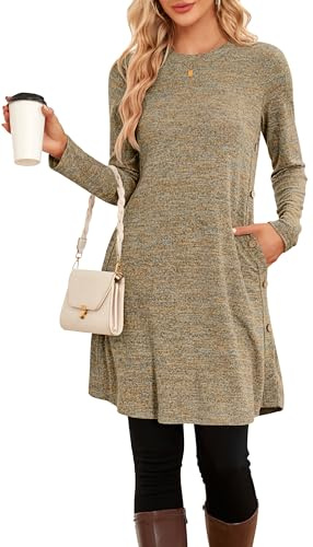 SENBATU Women Dresses Casual Crew Neck Jumper Dress for Women UK Knitted Midi Dress with Pockets Small Coffee
