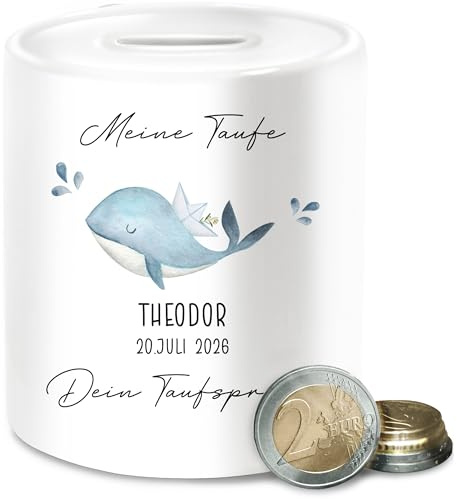Spardose - Taufe - Tauf Geschenk mit Name und Datum | Taufgeschenke | Wal | Personalisiert mit Taufspruch - Unisize - Weiß - Geld verpackung zur Taufe￼ Geschenke firmung konfirmation spardosen