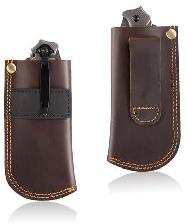 Leather Knife Sheath for Belt, Heavy Duty Cowhide Pocket Knife Holder, EDC Folding Knife Holster Case, Compatible with Buck 110 and Small Knives, Gifts for Men (4.9 x 1.65) Brown
